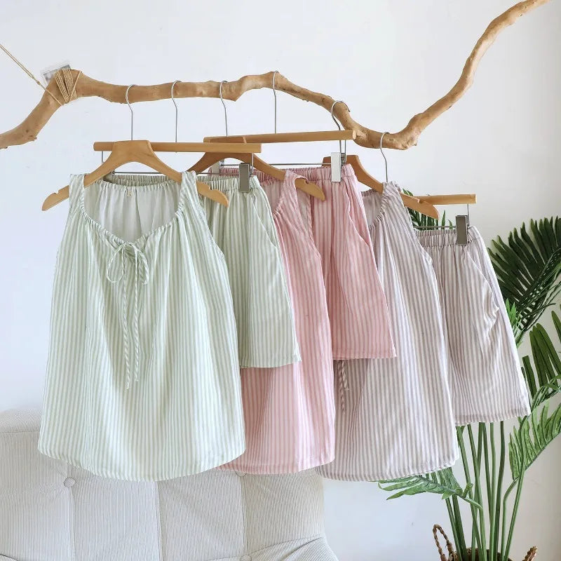 2026 Summer New Women's Pajama Set 100% Cotton Gauze Tank Top+Shorts Thin Bow Vertical Strip Home Clothes Sleepwear