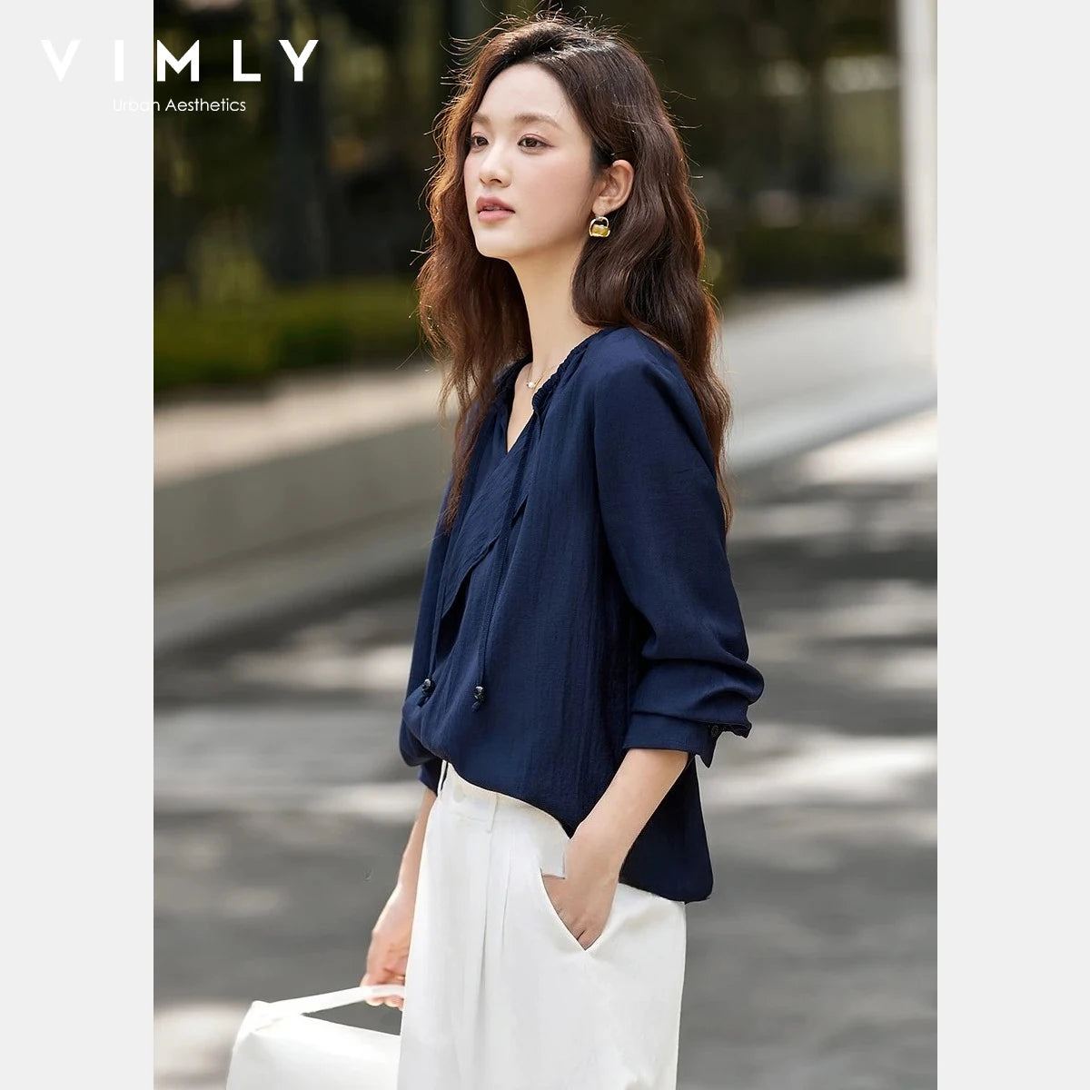 Vimly Chiffon Blouse for Woman 2026 Spring Autumn Ruffle Trim V-Neck Relaxed Fit Long Sleeve Casual Office Ladies Top A3019