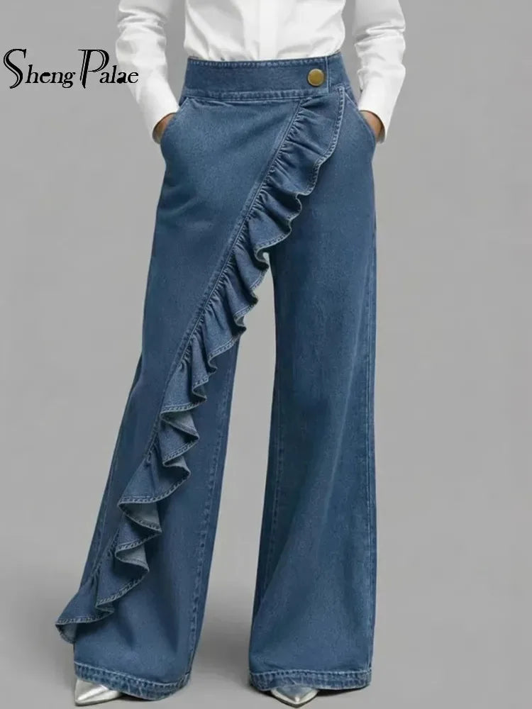 SHENGPALAE American Style Loose Irregular Splicing High Waisted A-line Wide Leg Jeans For Women Spring 2026 New