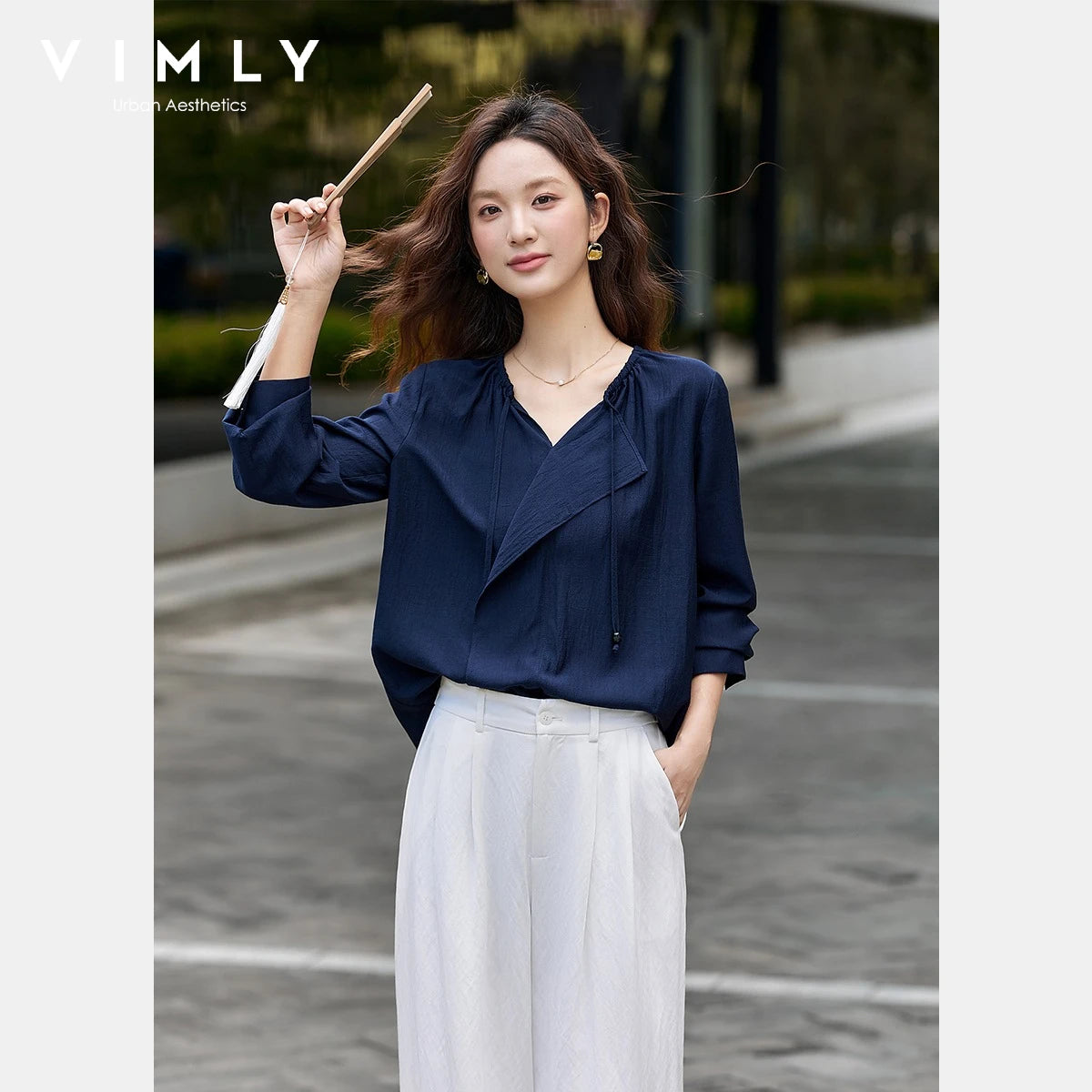 Vimly Chiffon Blouse for Woman 2026 Spring Autumn Ruffle Trim V-Neck Relaxed Fit Long Sleeve Casual Office Ladies Top A3019