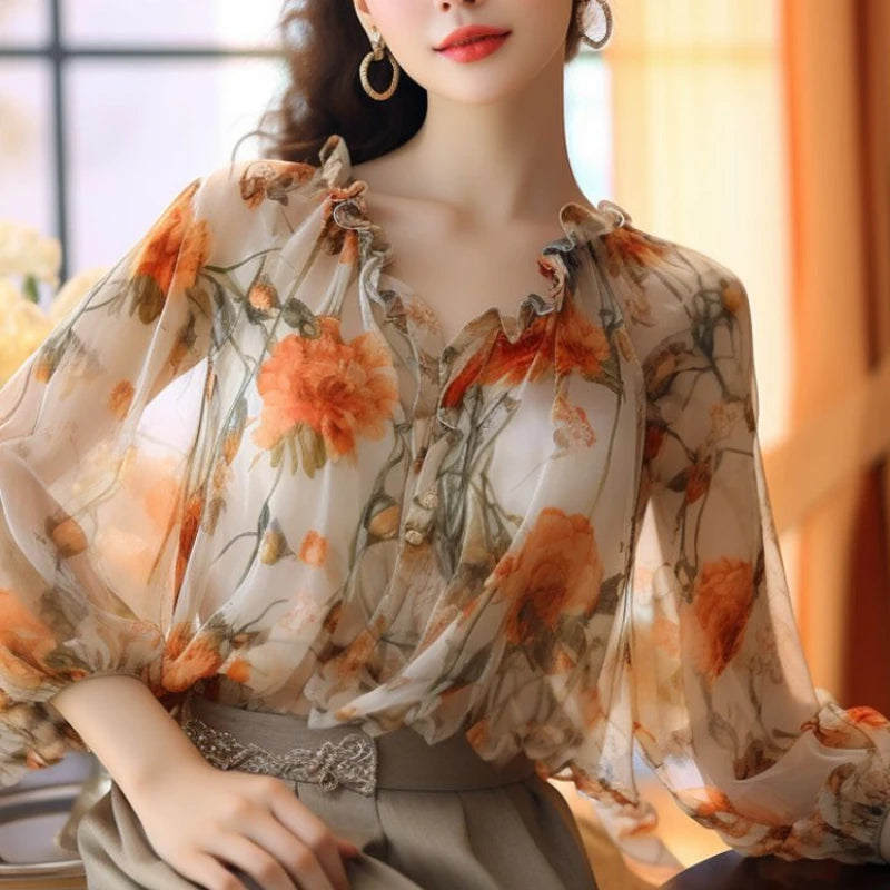 Female Tops High Quality With Puffy Sleeves Chiffon Women's Shirt and Blouse Fine Elegant Beautiful In Promotions Xl M Youthful